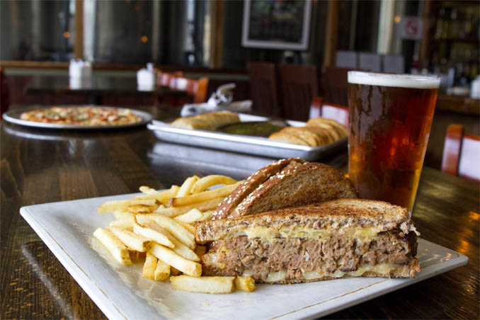 Meatloaf Sandwich with Fries and beer