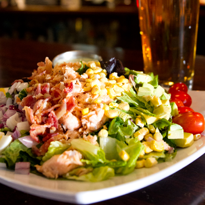 Salmon Cobb Salad with beer